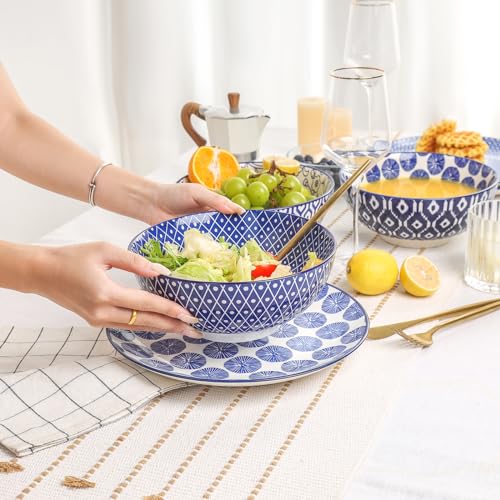 53 OZ Ceramic Salad Bowls Set of 3, Vintage Blue J1160