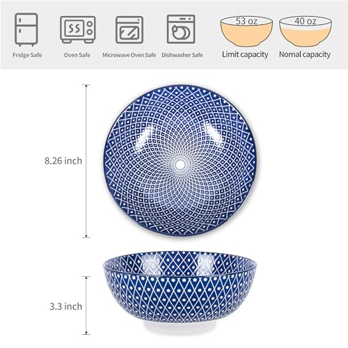 53 OZ Ceramic Salad Bowls Set of 3, Vintage Blue J1160