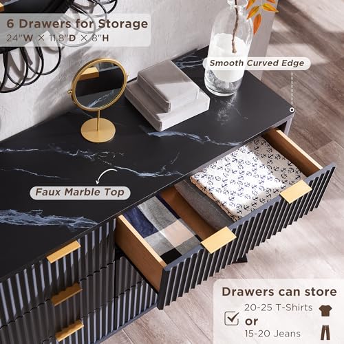 Fluted 5 Drawers Dresser with Faux Marble Top, Dark Grey G57862