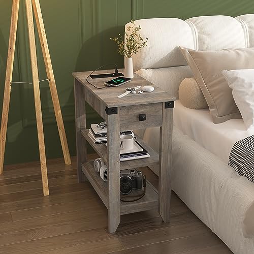 Set of 2 Narrow Side Table with Charging Station and Storage Drawer Rustic Grey Y879