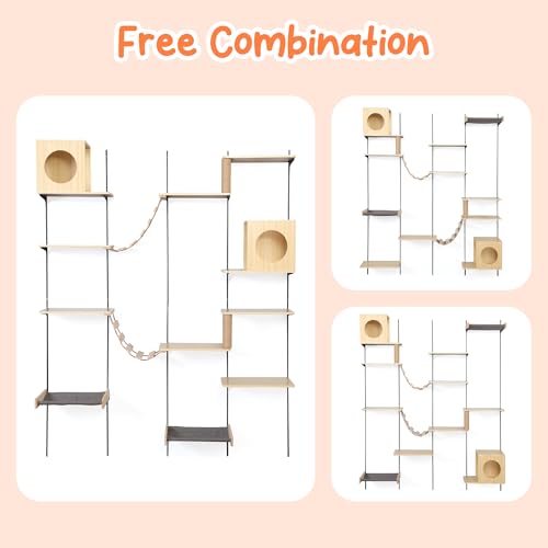25-Piece Wall-Mounted Cat Climber Set with Cat Shelves, House, Platform, Bridge, Hammock & Scratching Board (Burlywood) C56439