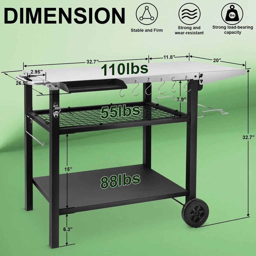 Three-Shelf Stainless Steel Grill Cart Table with Wheels D410