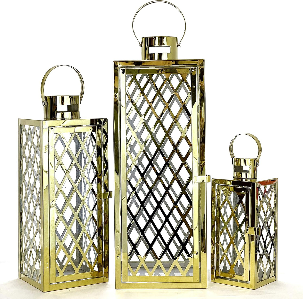3-PC Set Jumbo Black Candle Lantern Set with Chrome Plated Structure and Tempered Glass J470960