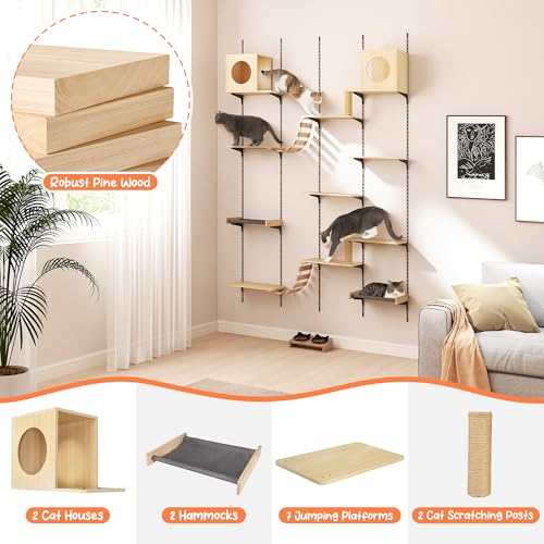 25-Piece Wall-Mounted Cat Climber Set with Cat Shelves, House, Platform, Bridge, Hammock & Scratching Board (Burlywood) C56439