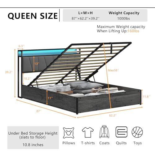 Black Linen Upholstered Full Size Lift Up Storage Bed Frame with LED Lights and Charging Station C675