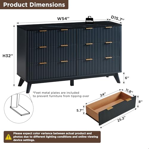 Fluted 5 Drawers Dresser with Faux Marble Top, Dark Grey G57862