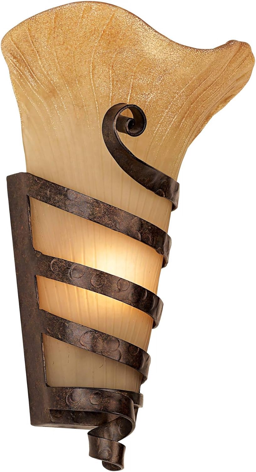 Rustic Farmhouse Wall Sconce Lighting Iron Scroll Hardwired 17 High Fixture Scavo Art Glass I10669