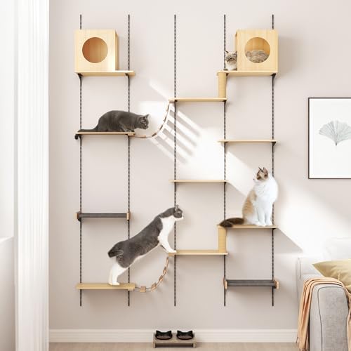 25-Piece Wall-Mounted Cat Climber Set with Cat Shelves, House, Platform, Bridge, Hammock & Scratching Board (Burlywood) C56439