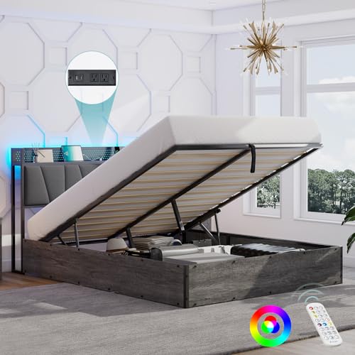 Black Linen Upholstered Full Size Lift Up Storage Bed Frame with LED Lights and Charging Station C675