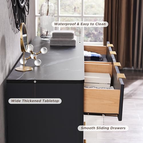 Fluted 5 Drawers Dresser with Faux Marble Top, Dark Grey G57862