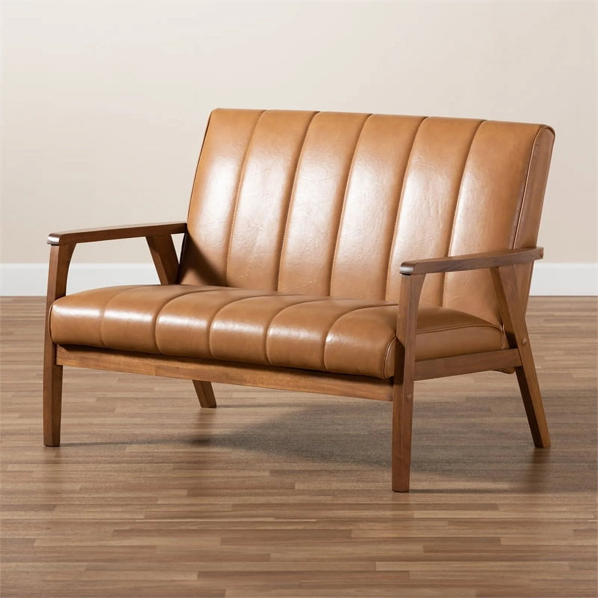 Leather Upholstered Brown Wood Loveseat E909953