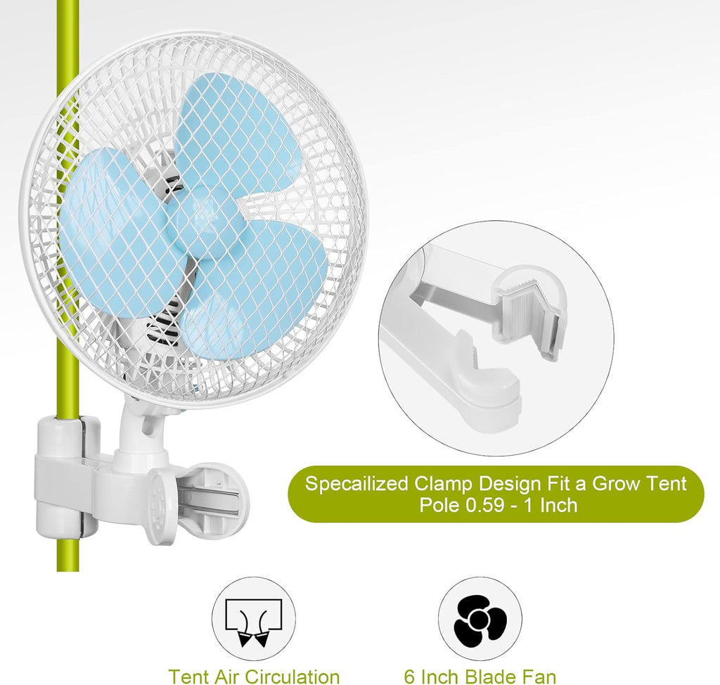 6 Inch Oscillating Clip on Grow Tent Fan, 2-Speeds 20W, Metal Cover, Pack of 2 A6319