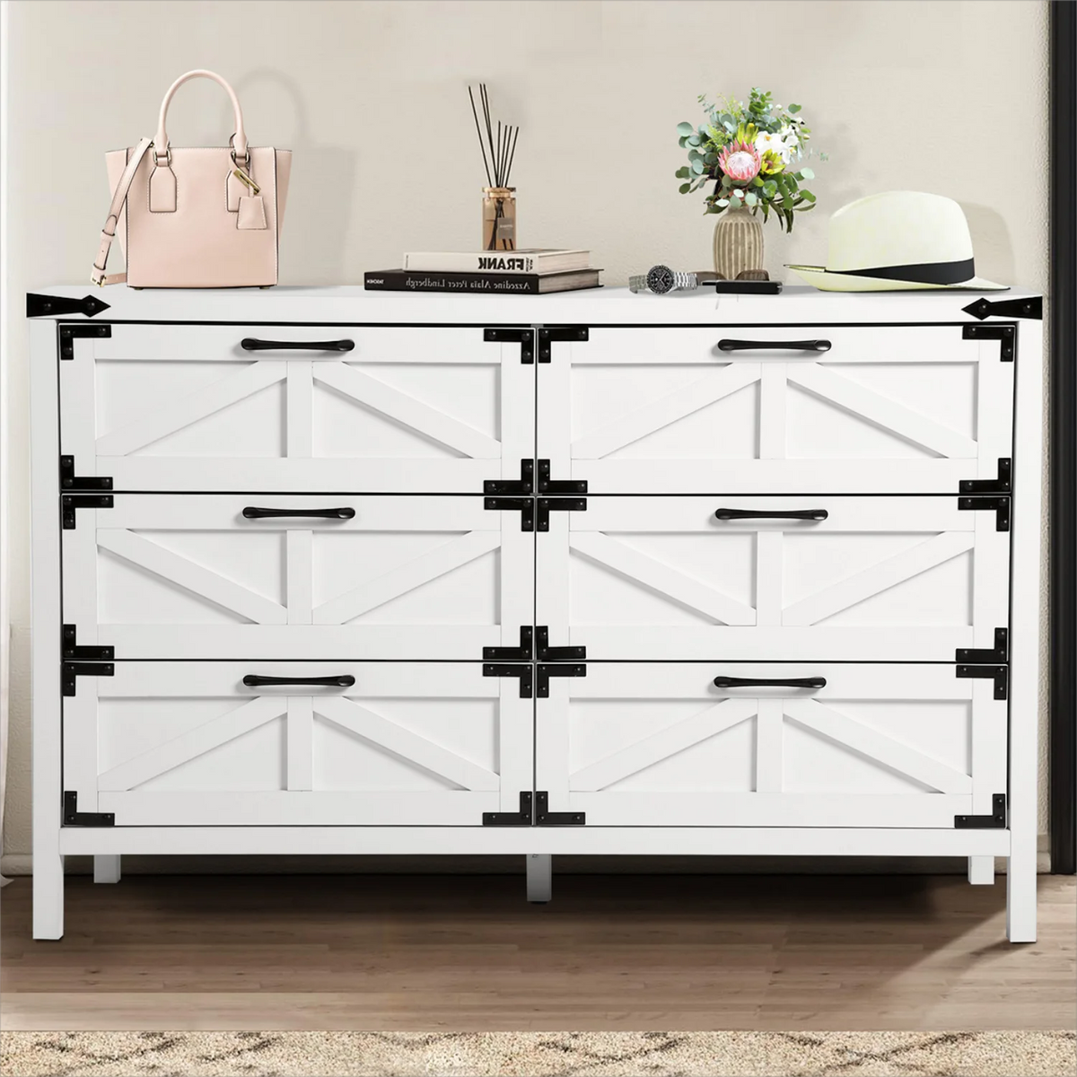 White 6 Drawer Dresser with Golden Handle F5227