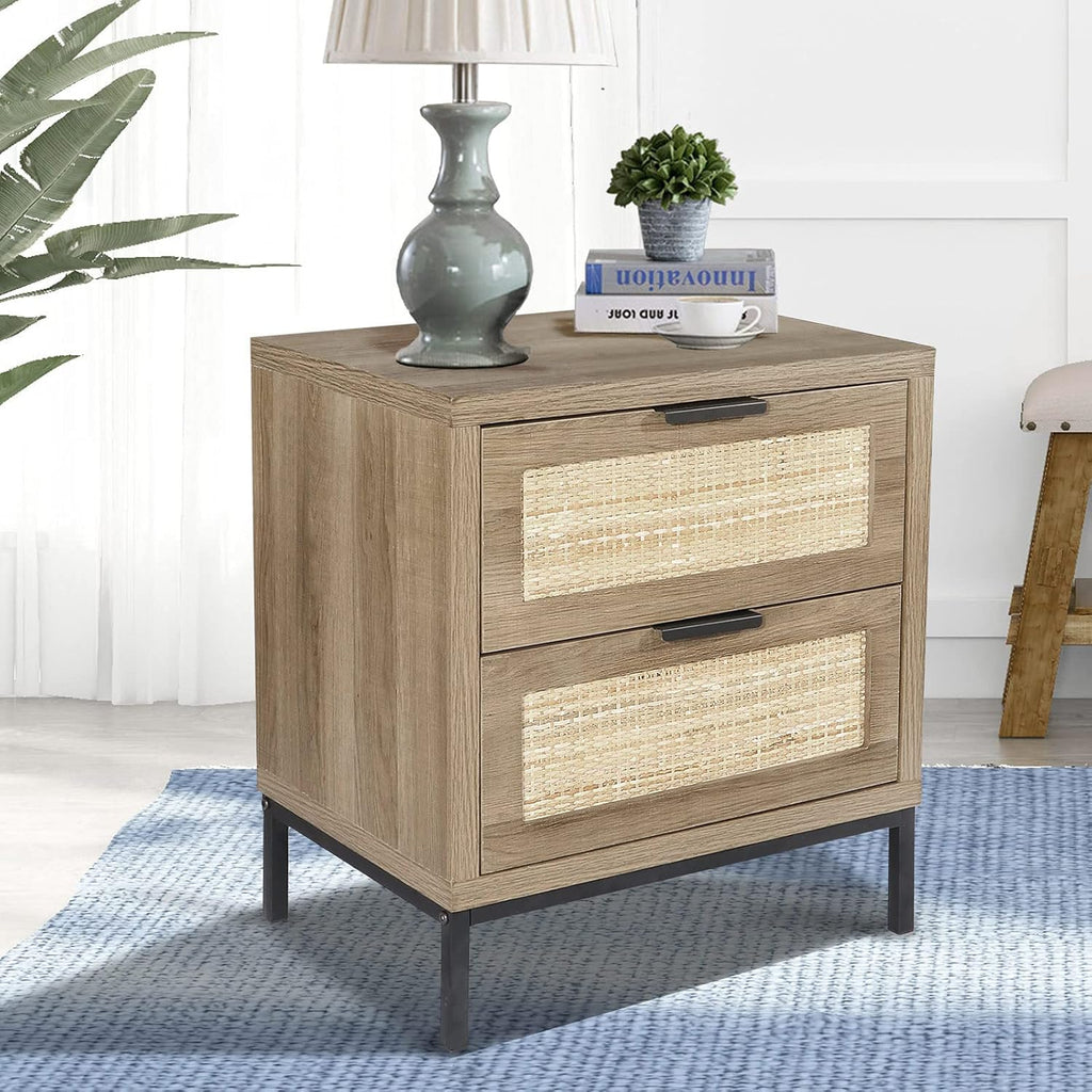 Modern Farmhouse Nightstand with 2 Rattan Drawers Wood Bedside Table I702