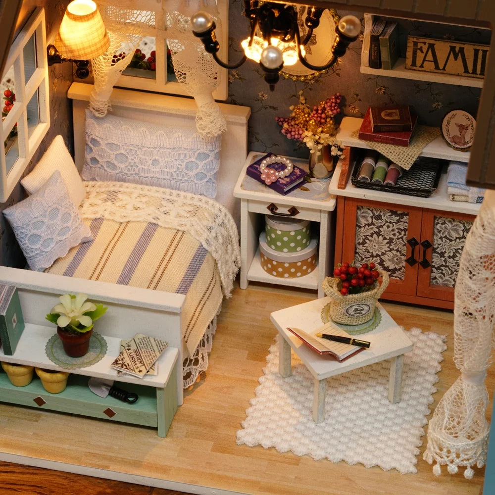 Miniature Dollhouse Kit 3D Wooden House Room Craft with Furniture LED Lights O243323