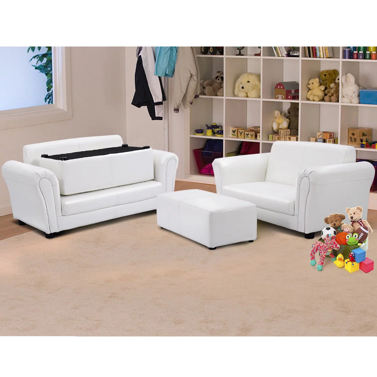 White Kids Sofa Armrest Chair with Ottoman J97455