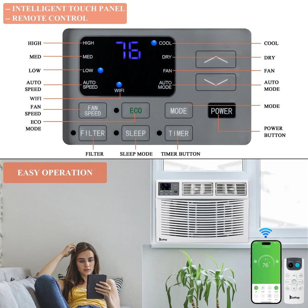 8000BTU White Window-Mounted Compact Air Conditioner with Remote Control Z71215