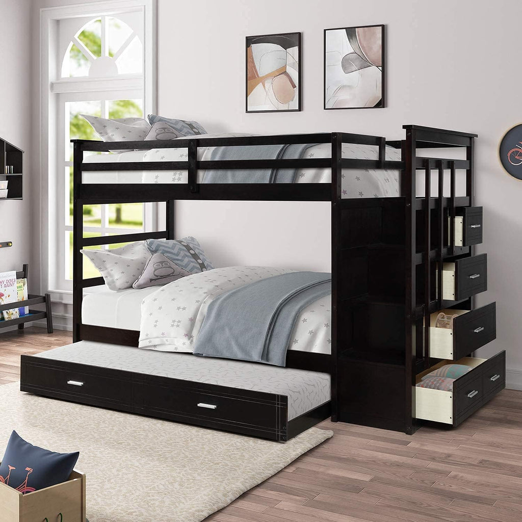 Twin-Over-Twin Solid Pine Wood Bunk Bed with Trundle and 4 Storage Drawers I723