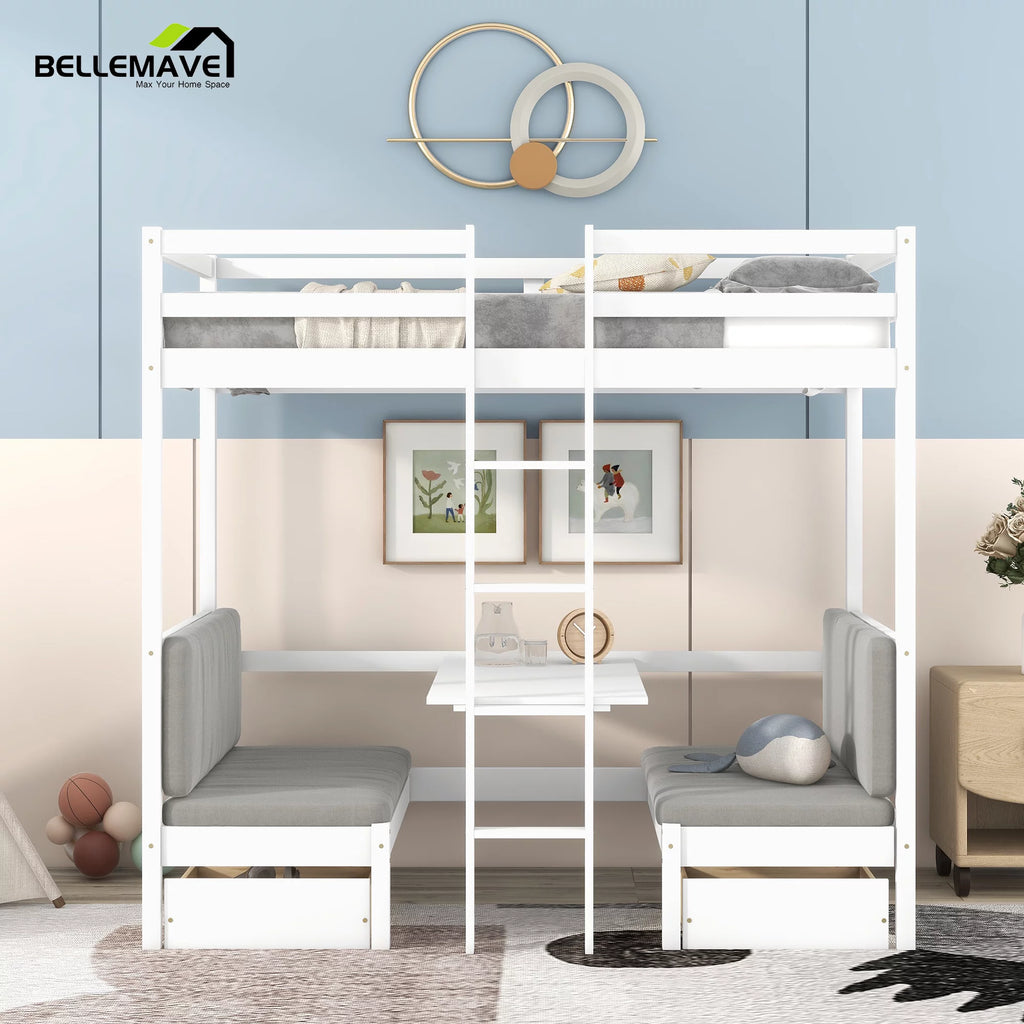 Twin Size Loft Bed with Desk, Seat and Two Storage Drawer, White K777
