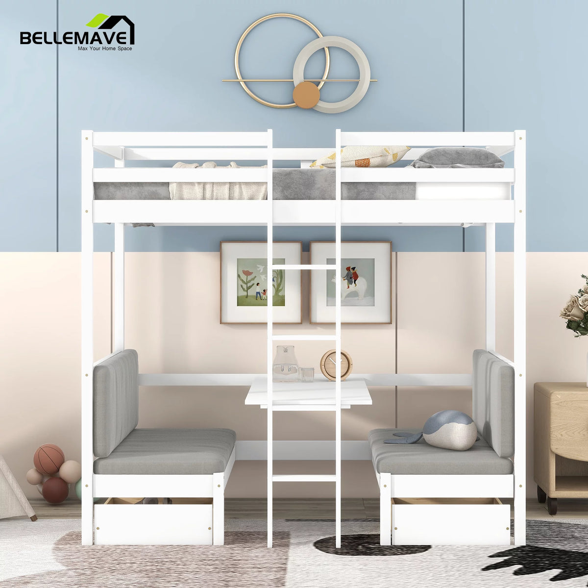 Twin Size Loft Bed with Desk, Seat and Two Storage Drawer, White K777