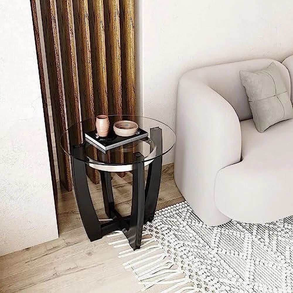 Round Glass End Table 26" Solid Wood Side Table with Tempered Glass Tabletop R92736