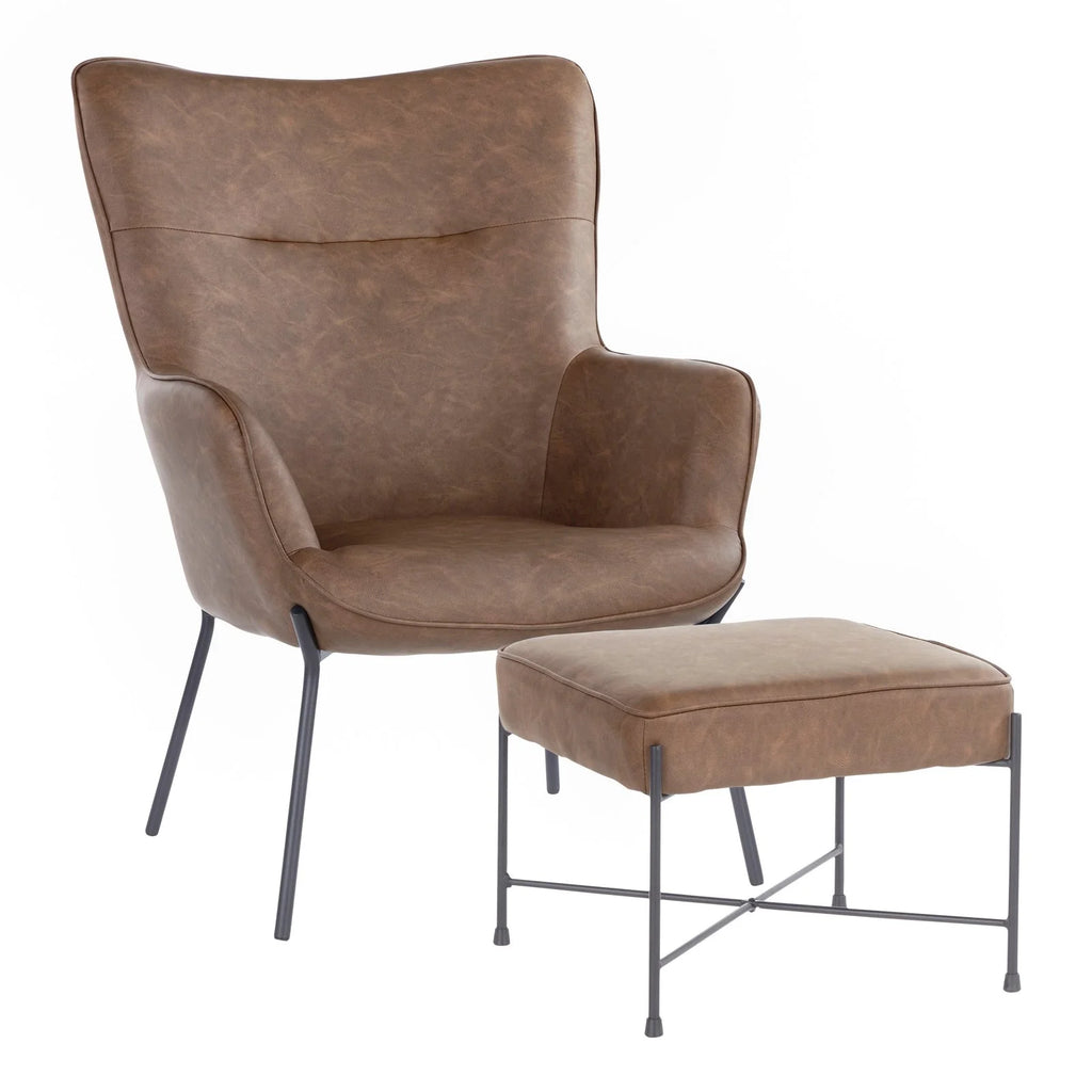 Industrial Lounge Chair and Ottoman Set in Black Metal and Espresso Faux Leather J557571