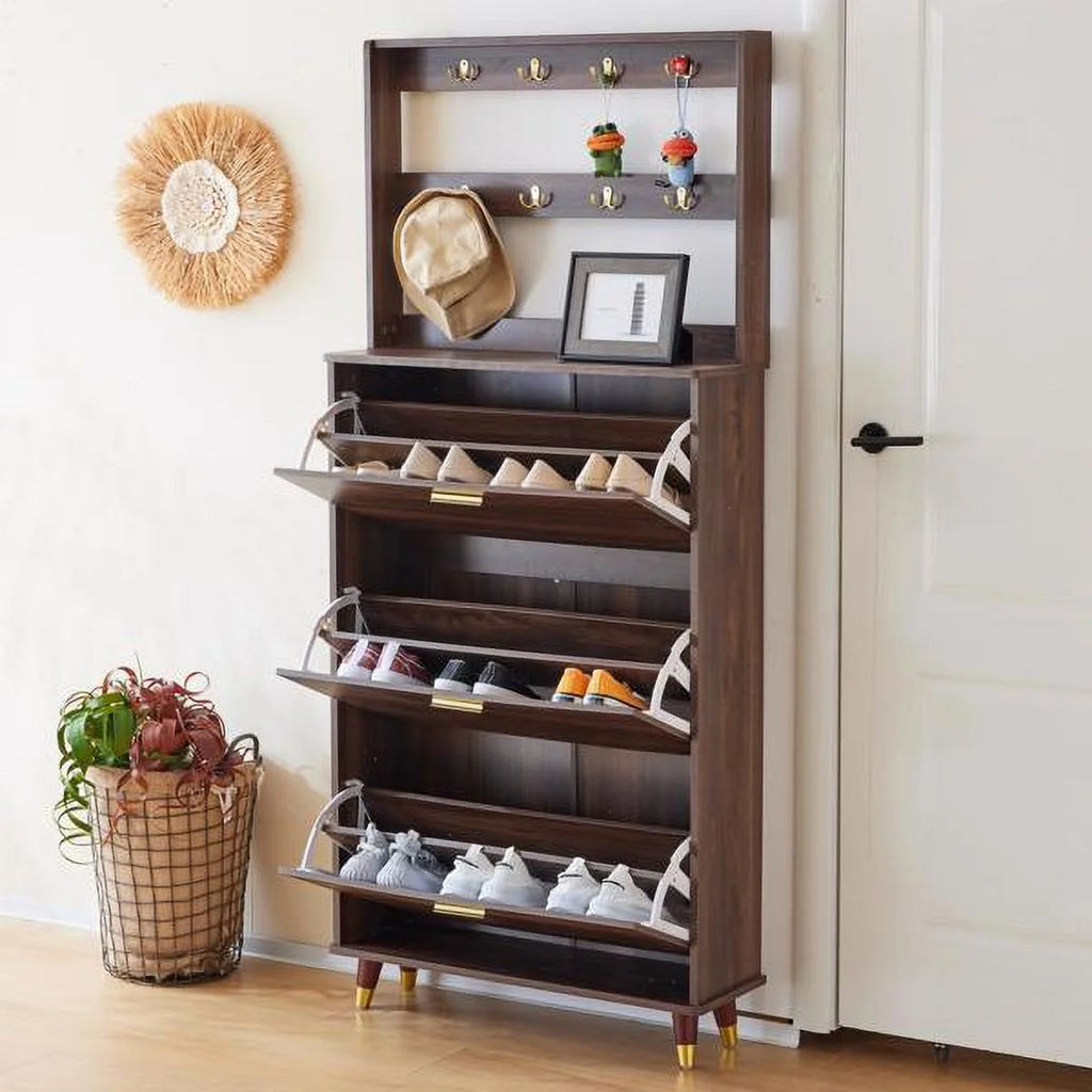 Brown Hall Tree with 12 Hooks & 3 Shoe Cabinets B6919
