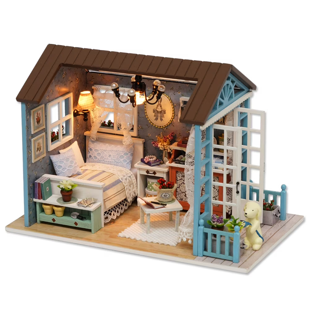 Miniature Dollhouse Kit 3D Wooden House Room Craft with Furniture LED Lights O243323
