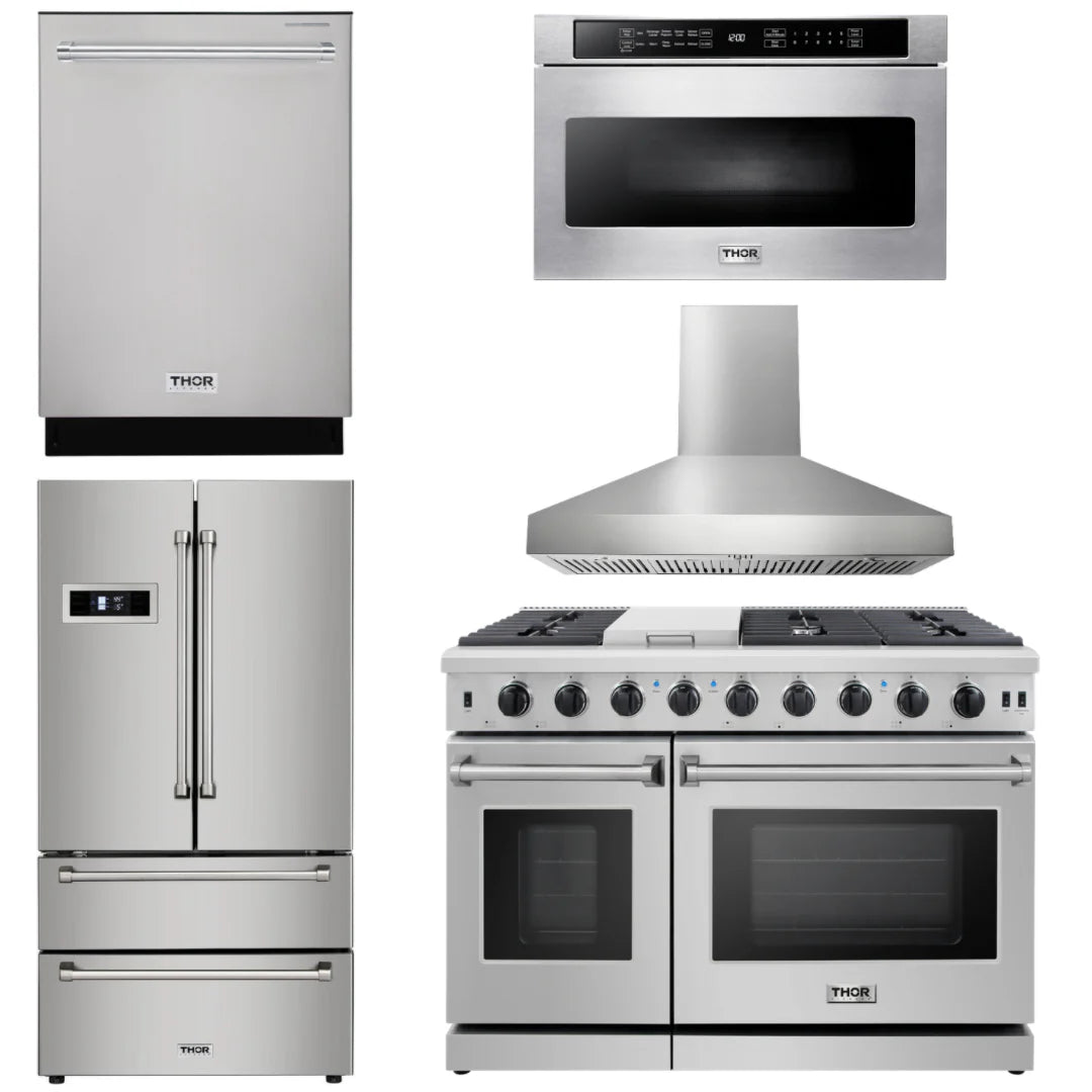 48 in. Propane Gas Range, Range Hood, Dishwasher, Refrigerator, Microwave Drawer M329033
