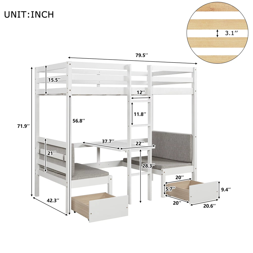 Twin Size Loft Bed with Desk, Seat and Two Storage Drawer, White K777