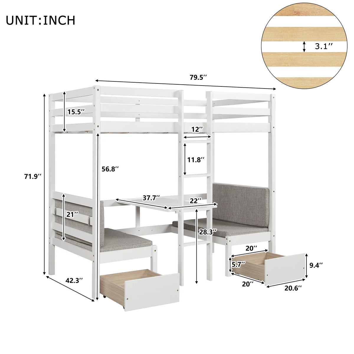 Twin Size Loft Bed with Desk, Seat and Two Storage Drawer, White K777
