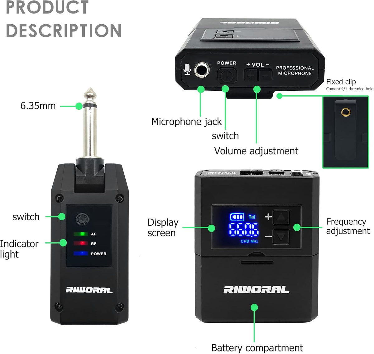 UHF Wireless Microphone System with Lavalier Mic, Headset Mic, Handheld Mic, Transmitter & Receiver, Pack of 2 Z34228