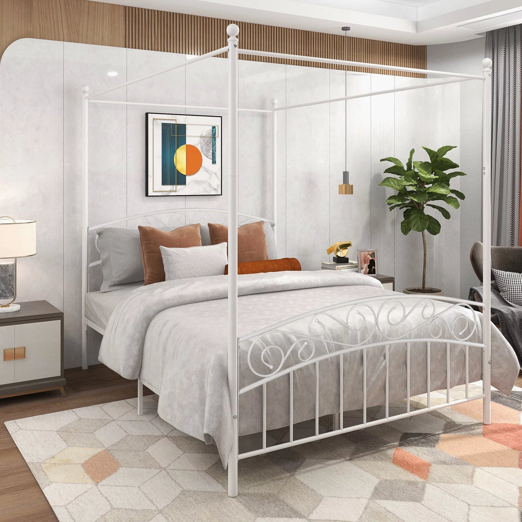 Queen White Metal Canopy Bed Frame with Headboard & Footboard C327760