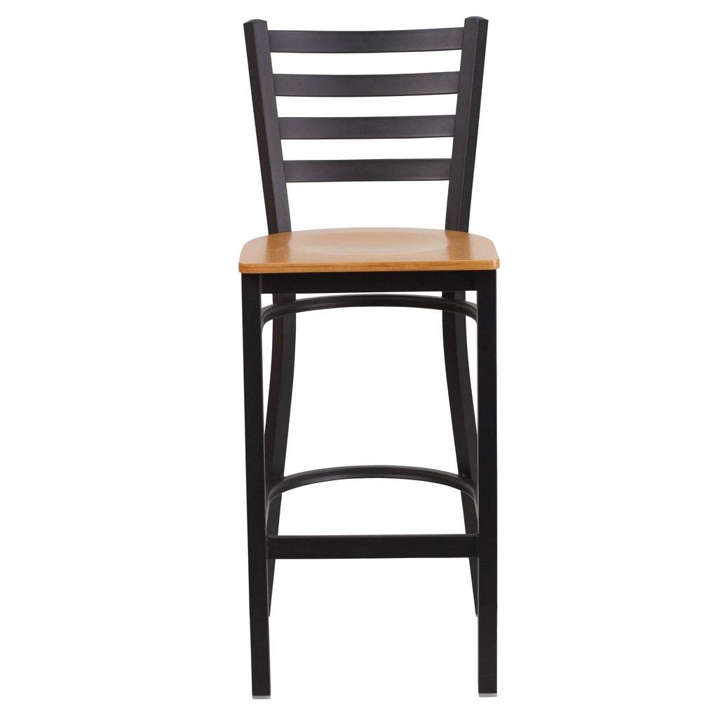 Black Ladder Back Metal Barstool with Natural Wood Seat T443