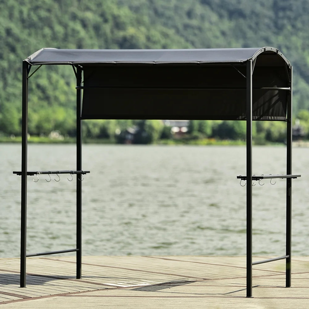 7FT Grill Gazebo BBQ Canopy with Sun Shade Panel Side Awning, 2 Exterior Serving Shelves Bar Counters, 10 Hooks S93403