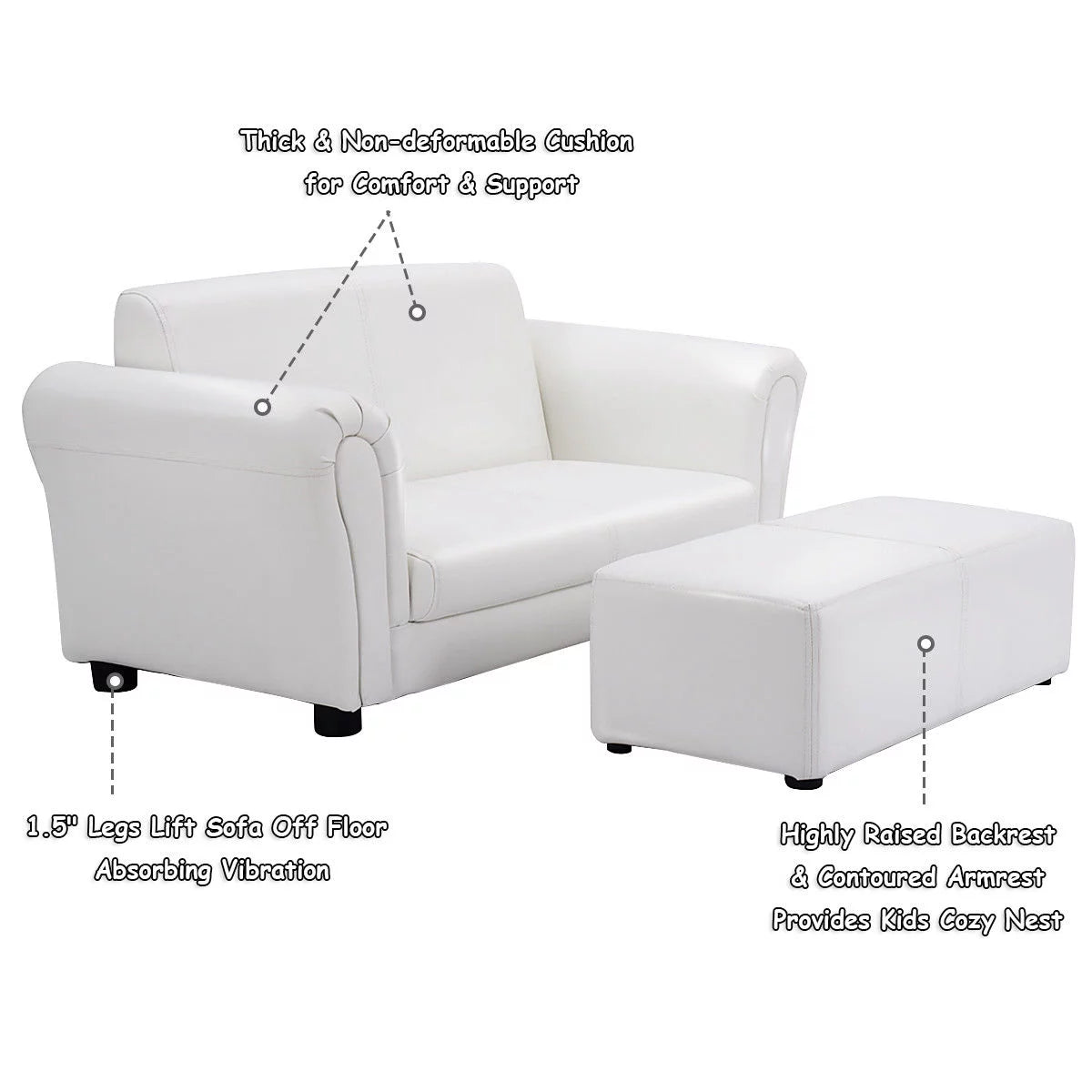 White Kids Sofa Armrest Chair with Ottoman J97455