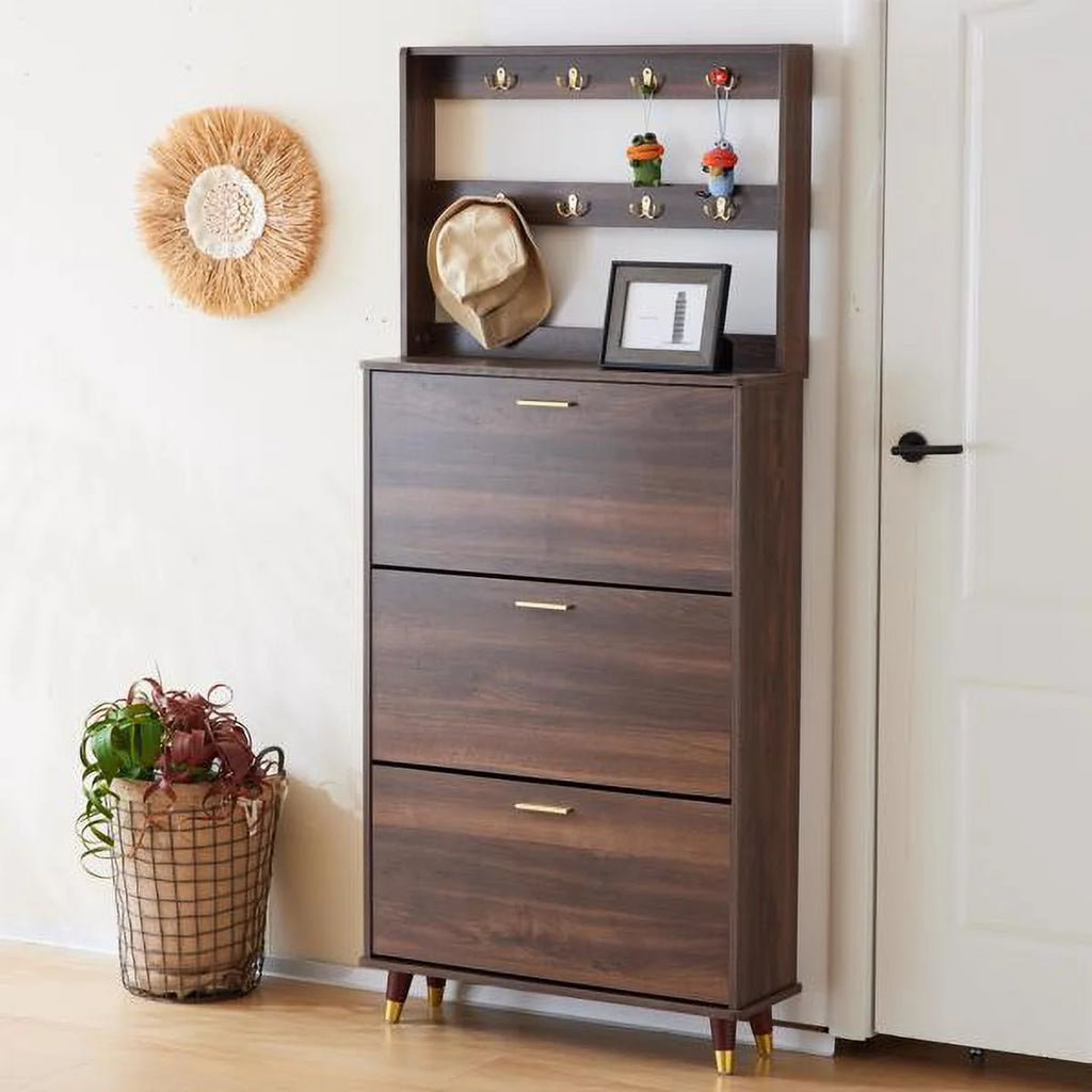 Brown Hall Tree with 12 Hooks & 3 Shoe Cabinets B6919