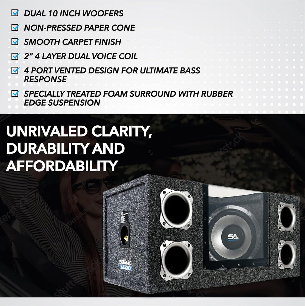 Dual 10 Inch 1000 Watt Car Audio Subwoofer Box with LED Lights & Plexiglass Window Q201