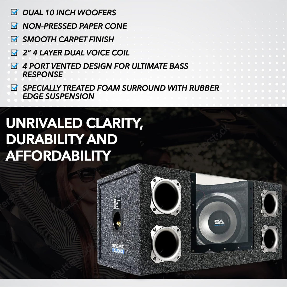 Dual 10 Inch 1000 Watt Car Audio Subwoofer Box with LED Lights & Plexiglass Window Q201