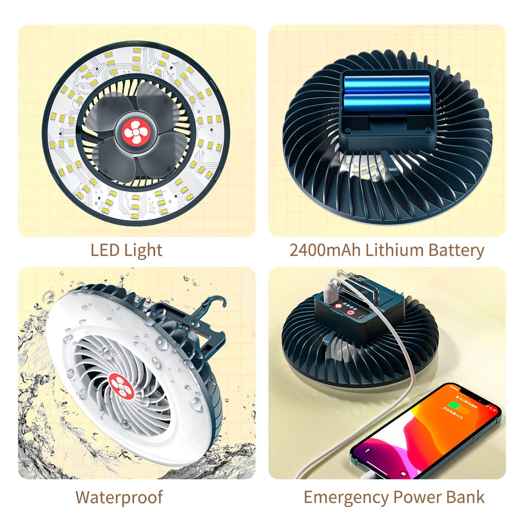 LED Hanging Fan and Portable Lamp, 2 in 1 Camping Tent Fan U137