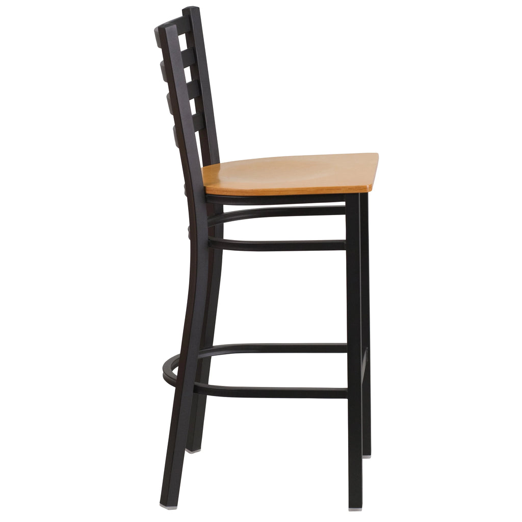 Black Ladder Back Metal Barstool with Natural Wood Seat T443