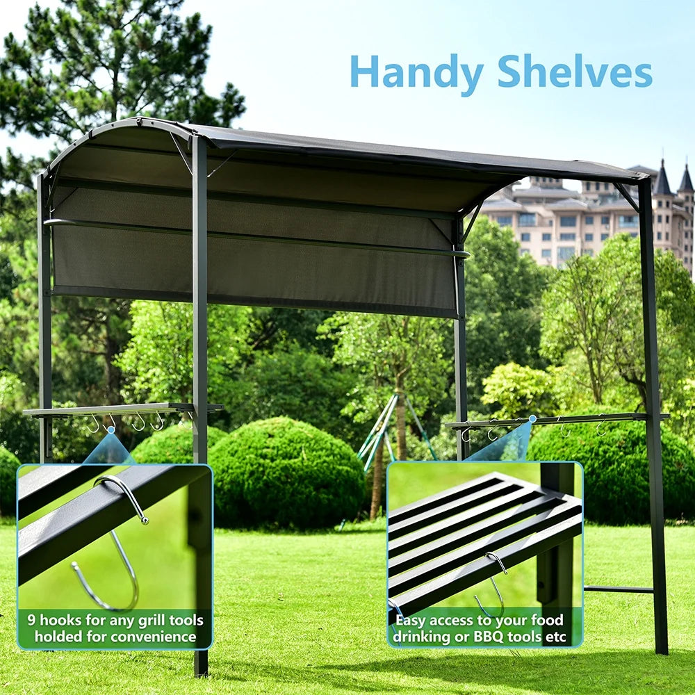 7FT Grill Gazebo BBQ Canopy with Sun Shade Panel Side Awning, 2 Exterior Serving Shelves Bar Counters, 10 Hooks S93403