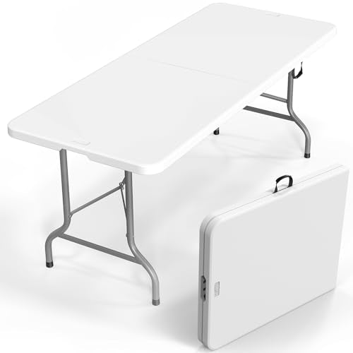 6 Foot White Plastic Folding Table with Carrying Handle O147