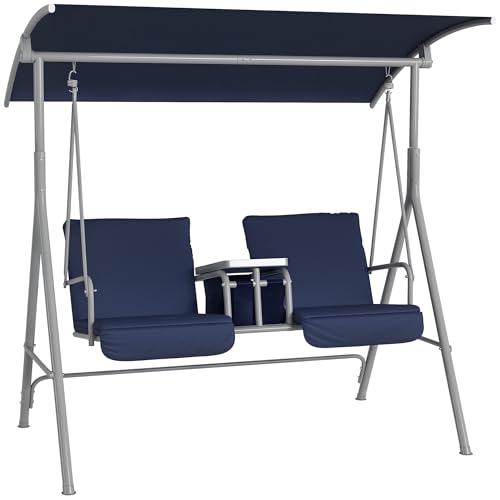 2 Person Porch Swing with Stand, Canopy, Storage Table, Cup Holders, Cushions, Dark Blue R827394