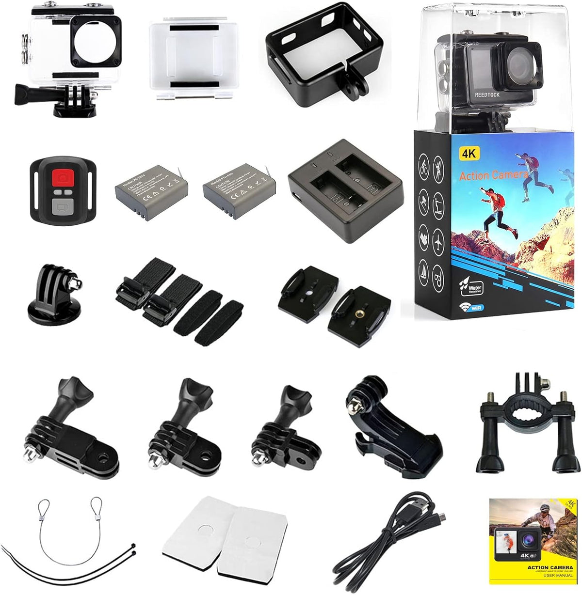 Action Camera 4K 24MP 2.0 Touch LCD Dual Screen Waterproof Sports Video Recorder 2 Batteries Accessories Kit Pack of 2 I3198