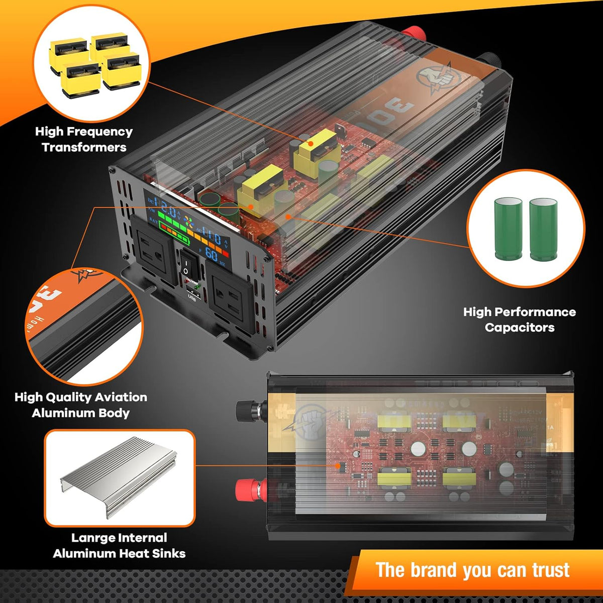 2000 Watts 12V to 110V Modified Sine Wave Power Inverter with Dual AC Outlets and USB Port W669961