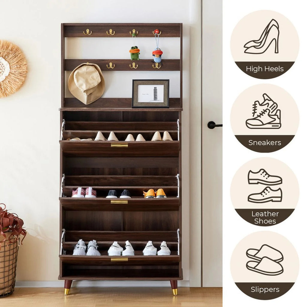 Brown Hall Tree with 12 Hooks & 3 Shoe Cabinets B6919
