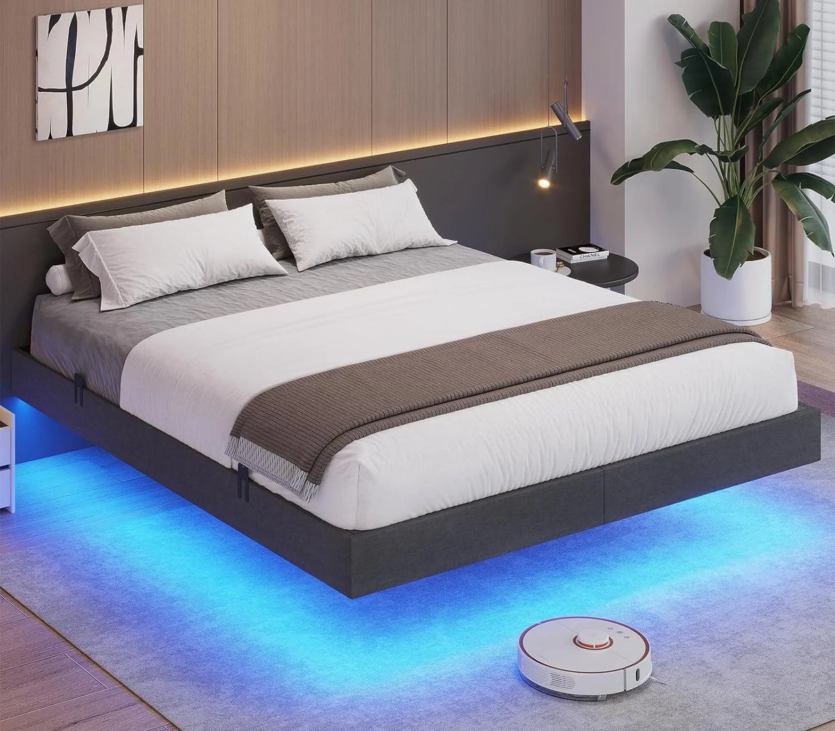 Queen Size Upholstered Platform Bed Frame with LED Lights and Underbed Storage E5241