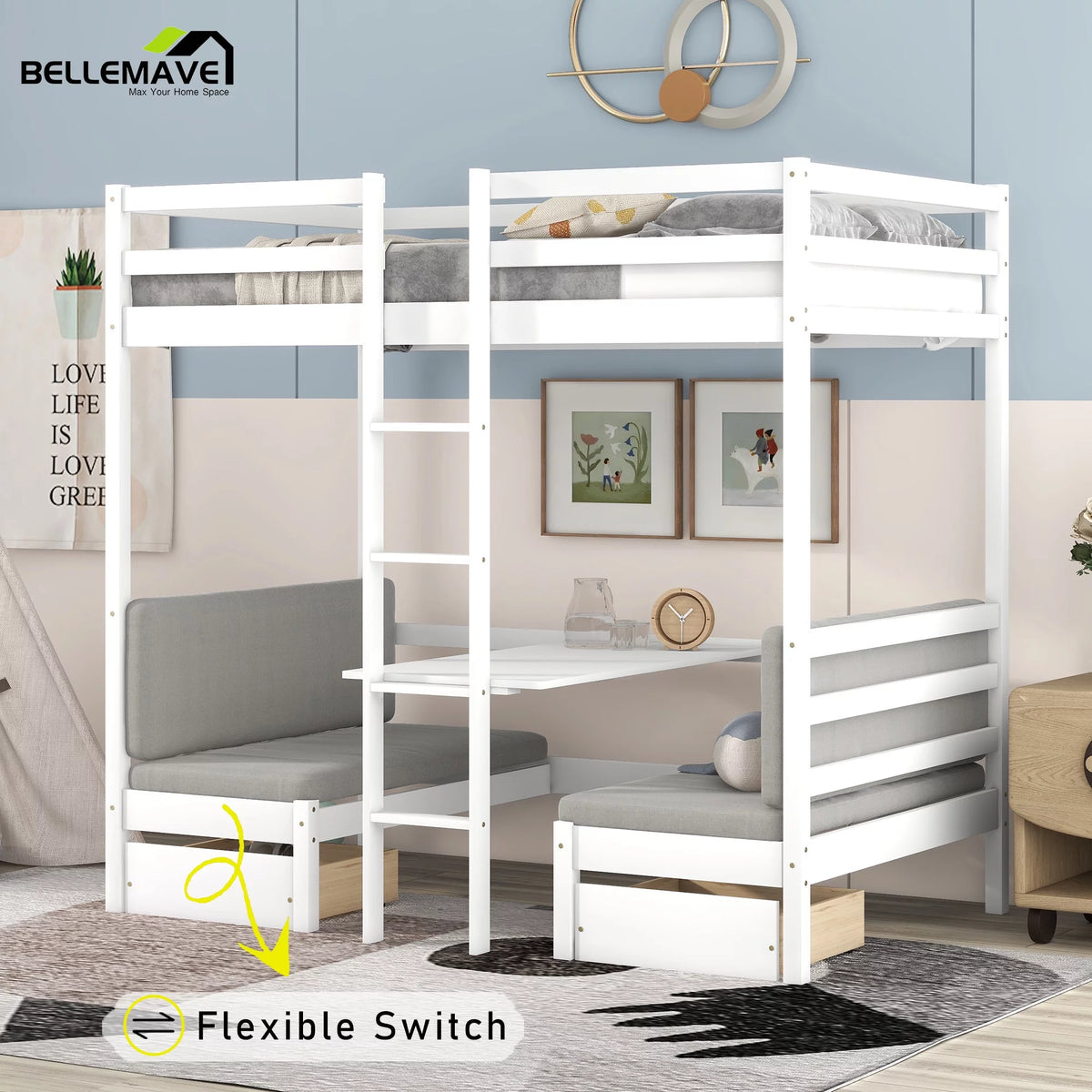 Twin Size Loft Bed with Desk, Seat and Two Storage Drawer, White K777