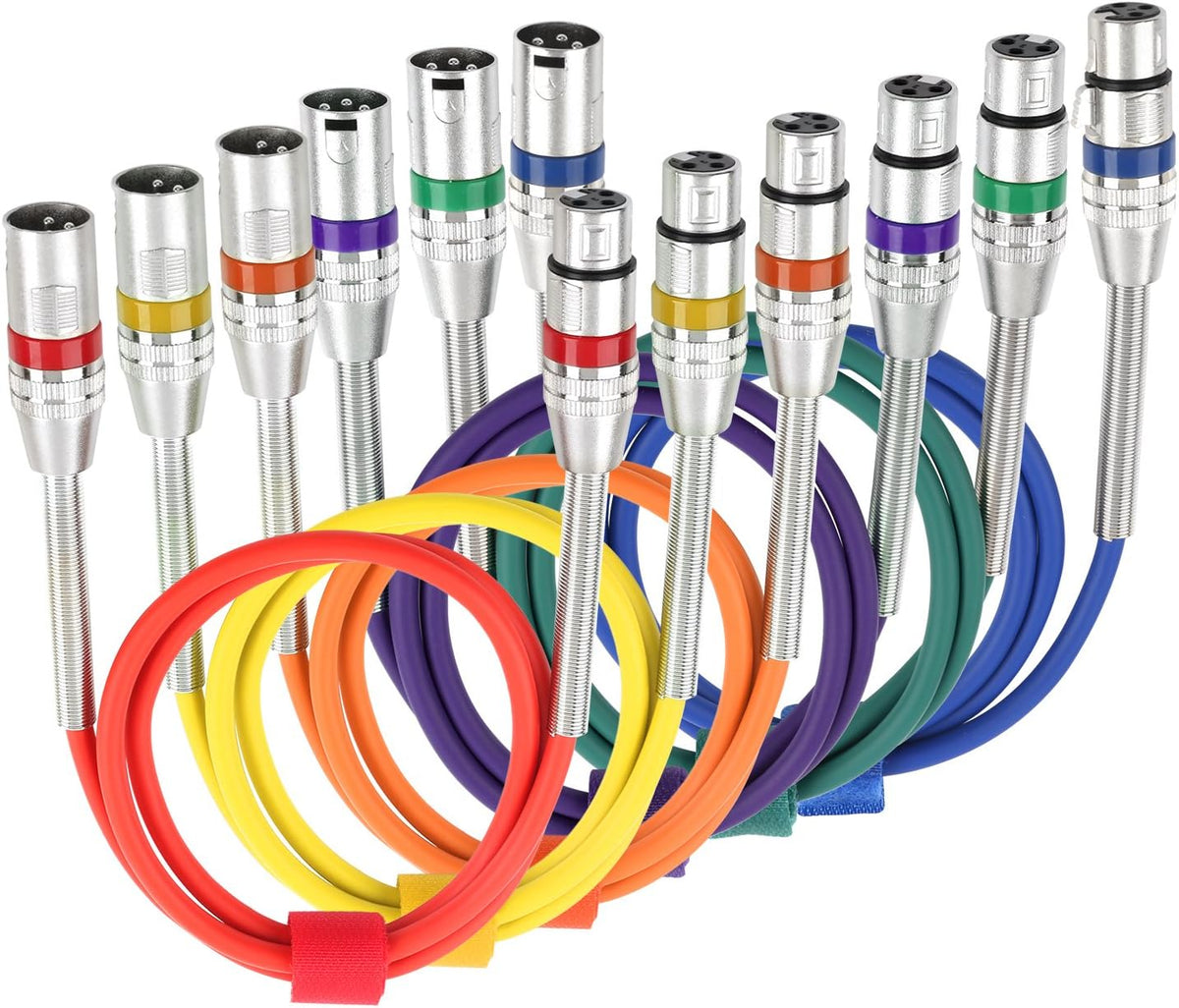 6 Pack Multi-Color 3-Pin XLR Male to Female Microphone Cable, 3.3 feet D181009